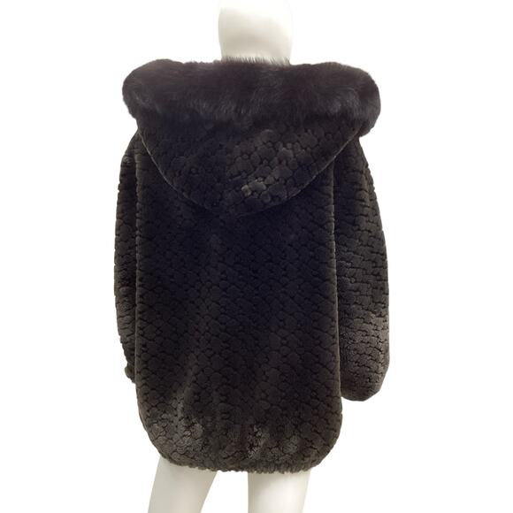 Gallery Bomber Jacket Women’s SZ M Faux Fur With Genuine Fox Fur Hood Trim Brown - Picture 4 of 6
